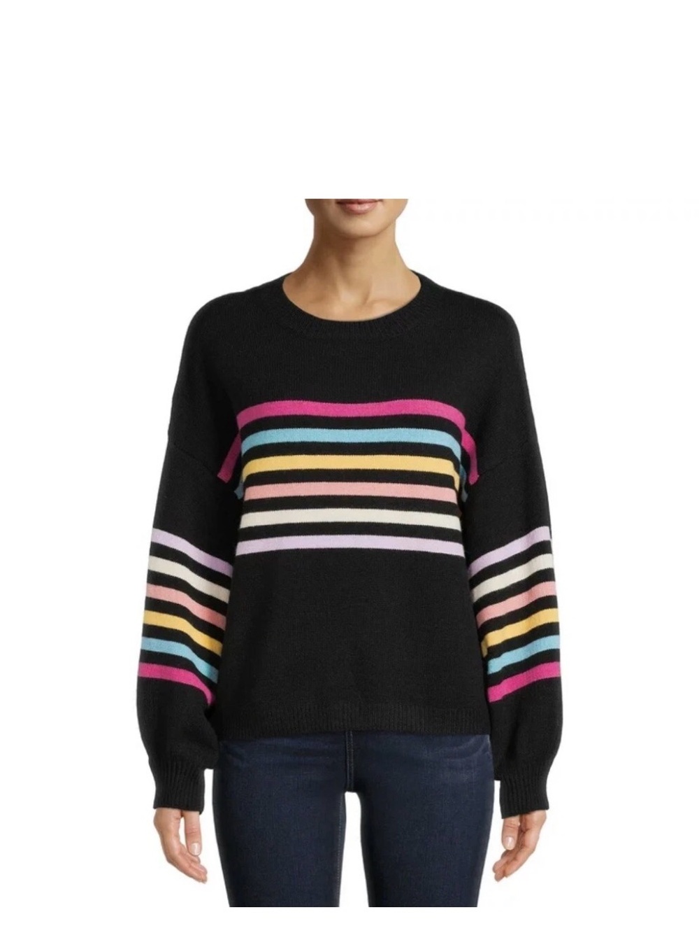 Dreamers by Debut Women's Rainbow Striped Sweater with Puff Sleeves large
